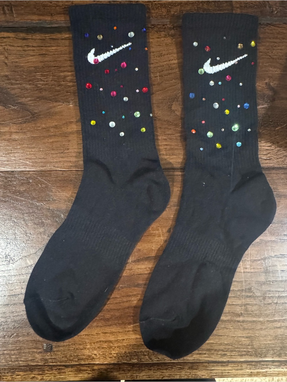 Nike Black Crew Socks with White Swoosh and Multicolor Gems